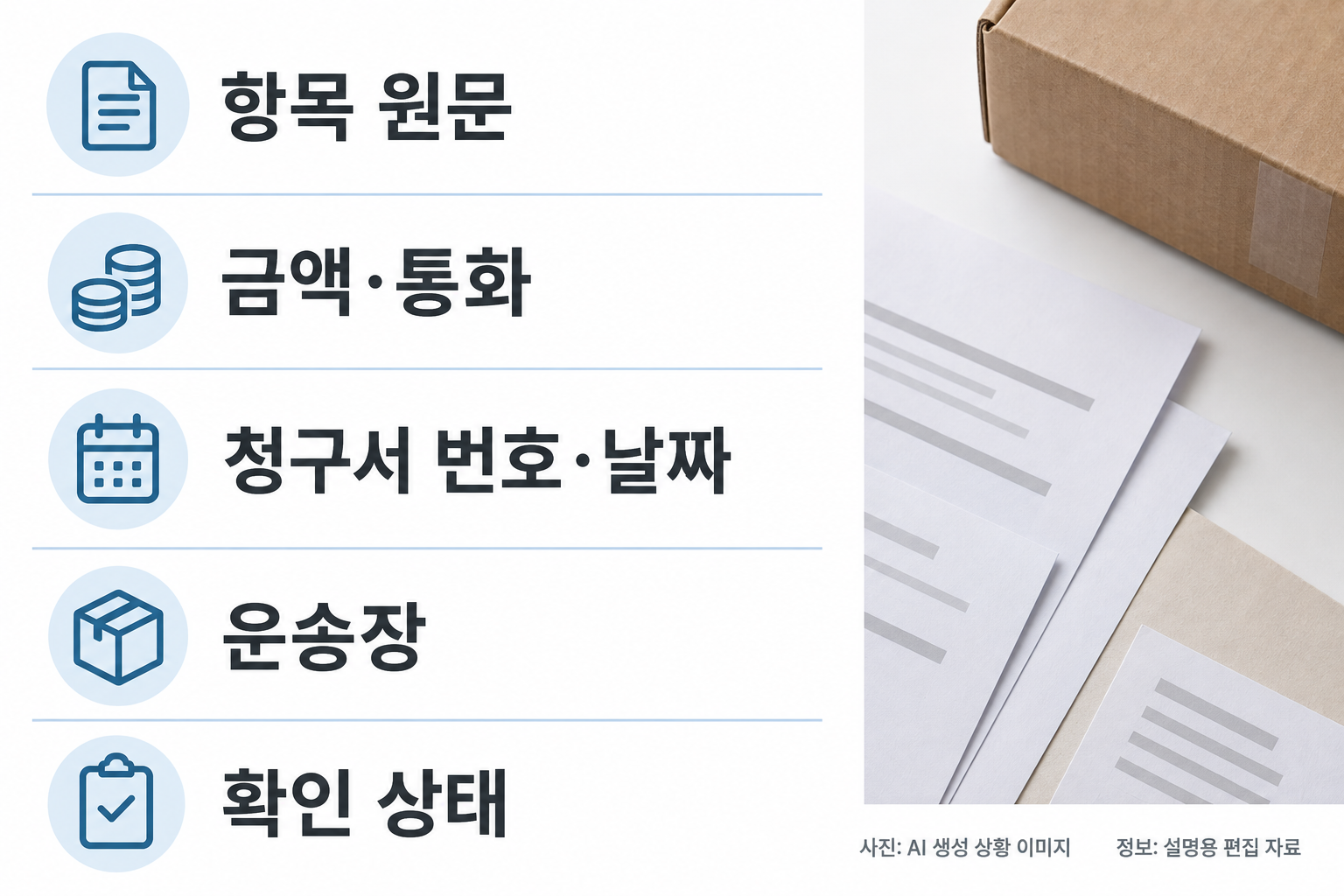 청구 항목을 기록하는 편집자료. 항목 원문 / 금액·통화 / 청구서 번호·날짜 / 운송장 / 확인 상태를 다섯 큰 행으로. 오른쪽에는 모형 서류와 택배 모서리 사진 일부. 긴 가로 화살표나 작은 빈칸 금지. 실제 청구 금액을 만들지 않는다.