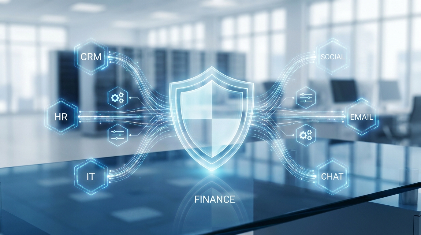 OpenAI Presence AI agents integrating securely with enterprise systems and customer channels, emphasizing data privacy and configurable settings.