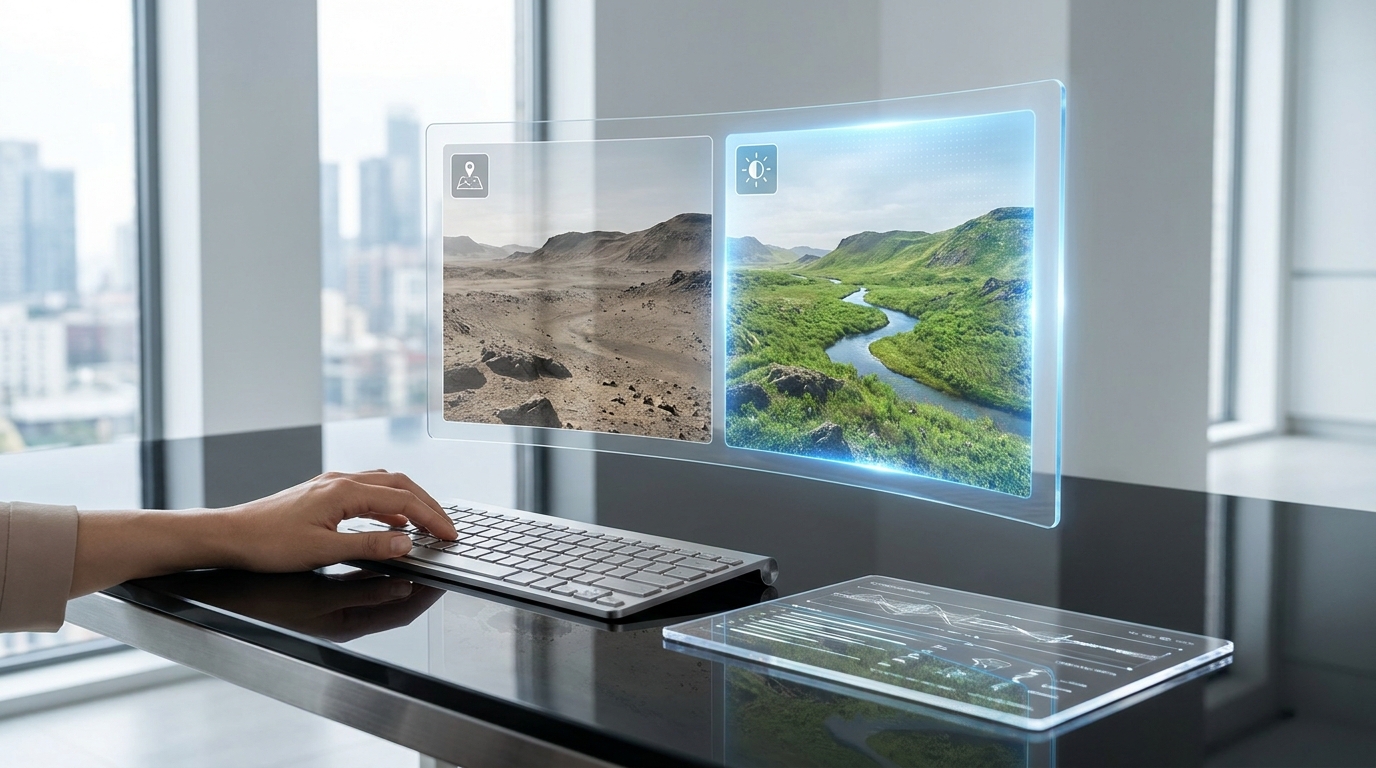 Digital workspace showing AI photo editing with generative fill and text commands.