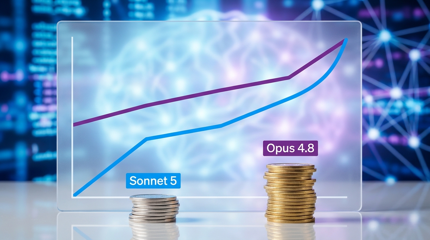 Graph showing Claude Sonnet 5 performance catching up to Opus 4.8, with Sonnet 5's lower cost represented by a smaller stack of coins.