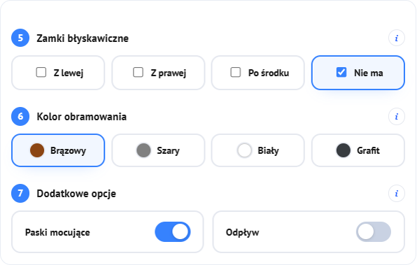 Krok 4: zamki błyskawiczne, kolor obramowania, pasy i odpływ