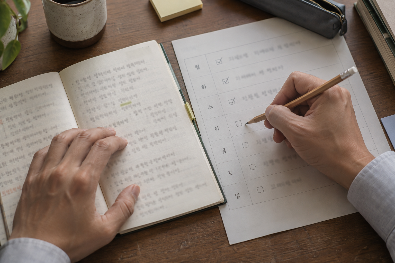 업무 기록과 일정을 나란히 살펴보는 설명용 AI 장면