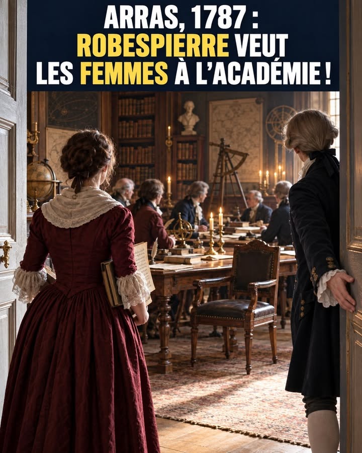 Une femme en robe rouge observe une salle d'étude historique où des hommes en habitude du XVIIIe siècle travaillent autour d'une table.