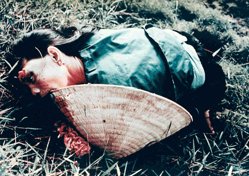 Vietnamese woman has bit the dust during the Vietnam War. Conical straw hat between her teeth, brain on the grass