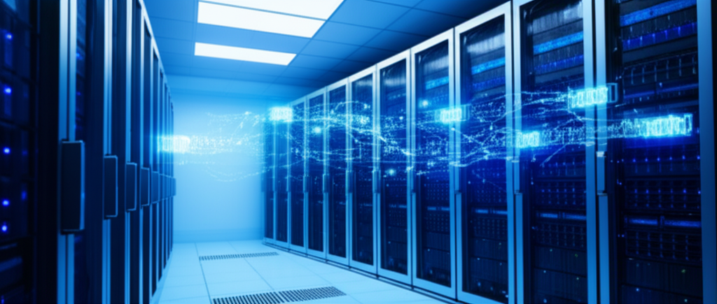 Datacenter met servers en data synchronisatie