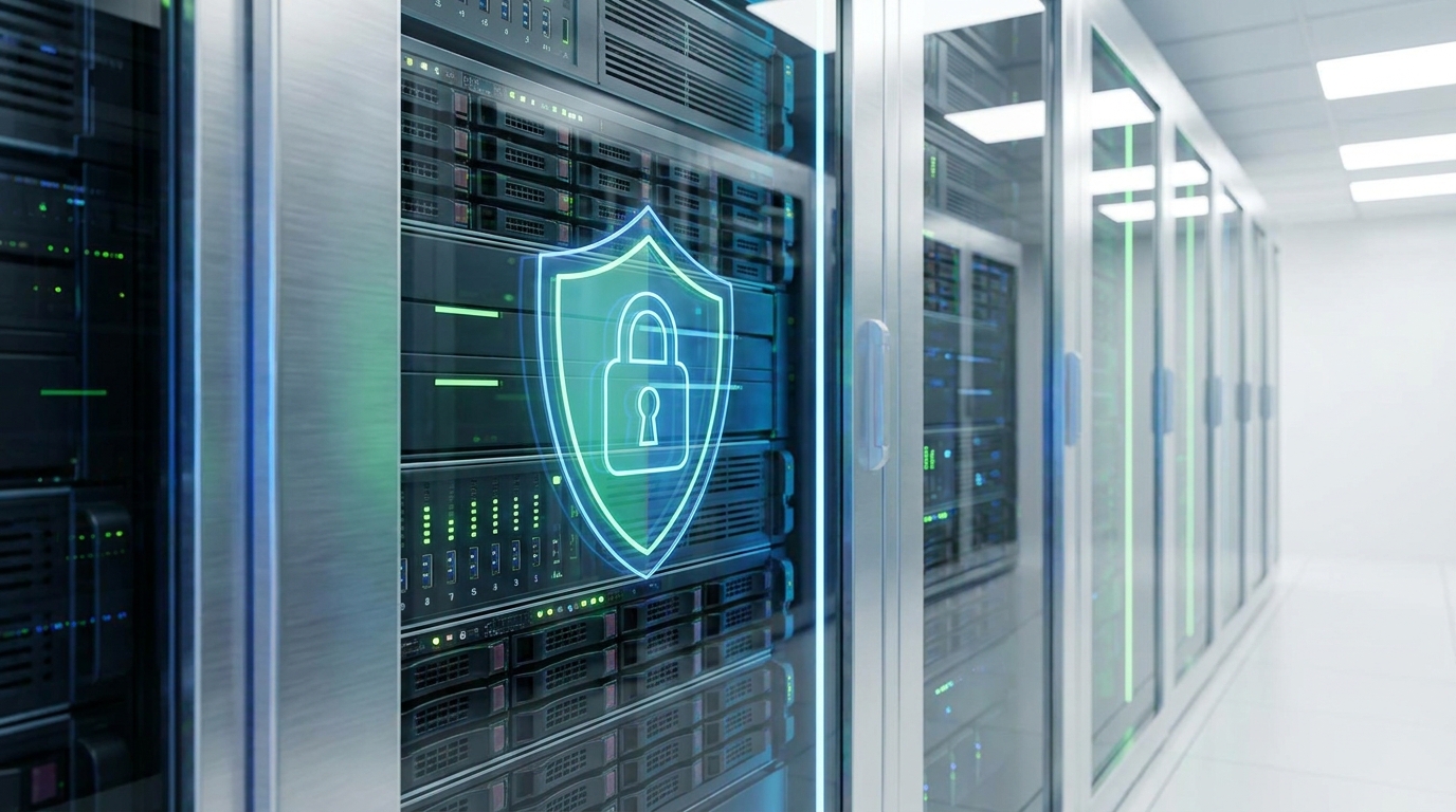 Server rack with a glowing security shield icon, symbolizing confidential AI inferencing and data protection in Azure.