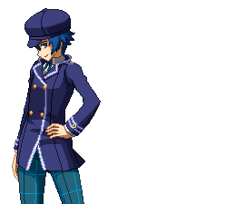 A Naoto Shirogane sprite from Persona 4 Arena. He is looking back and smiling as his clothes and hair blow slightly from side to side.