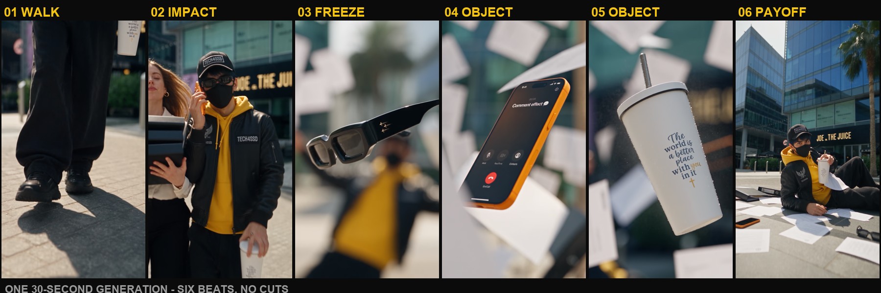 Six frames pulled from a finished bullet-time ad showing the walk, the impact, the frozen sunglasses, the frozen phone, the frozen tumbler and the final payoff