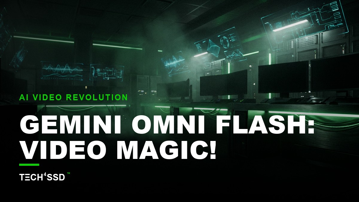 Futuristic digital interface showing video editing with Gemini Omni Flash, subtle neon glow, dark background.