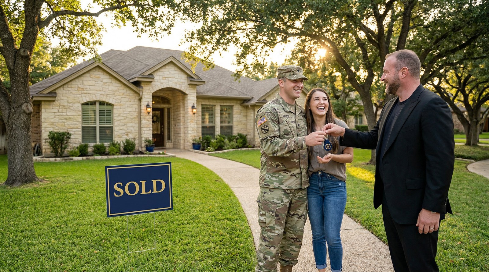 Christopher Beal veteran realtor handing keys to military couple in front of San Antonio home