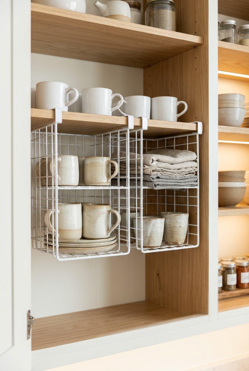 White wire under-shelf storage baskets mounted on kitchen cabinet shelves