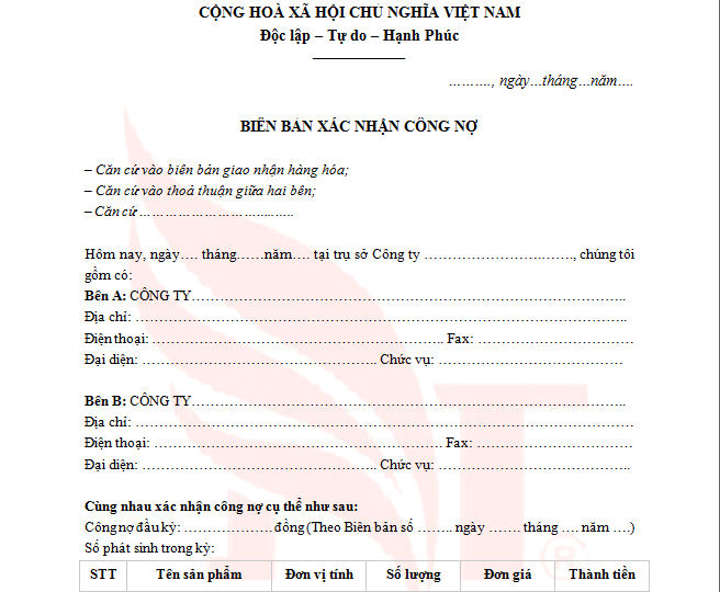 Biên bản xác nhận công nợ khách hàng