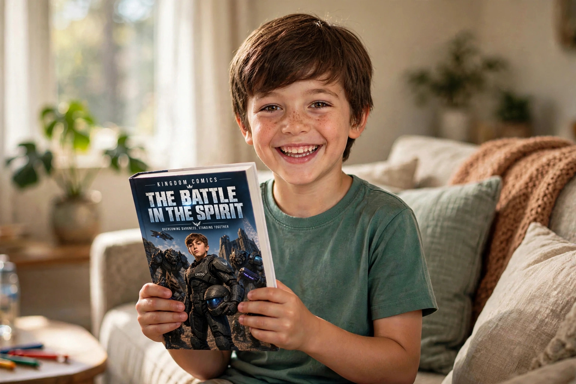 Brown-haired boy holding the closed The Battle in the Spirit book with its front cover facing the camera