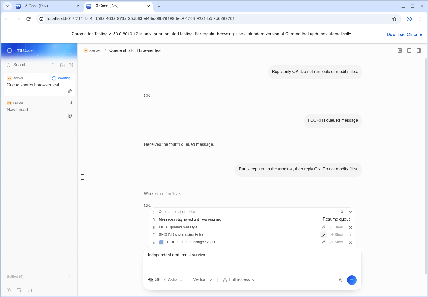 Enter saved the queued text and restored the independent draft