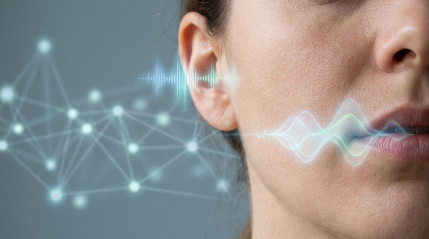 Digital waveforms from ear and mouth, with a subtle watermark icon, representing GPT-Live's full-duplex voice AI and SynthID watermarking.
