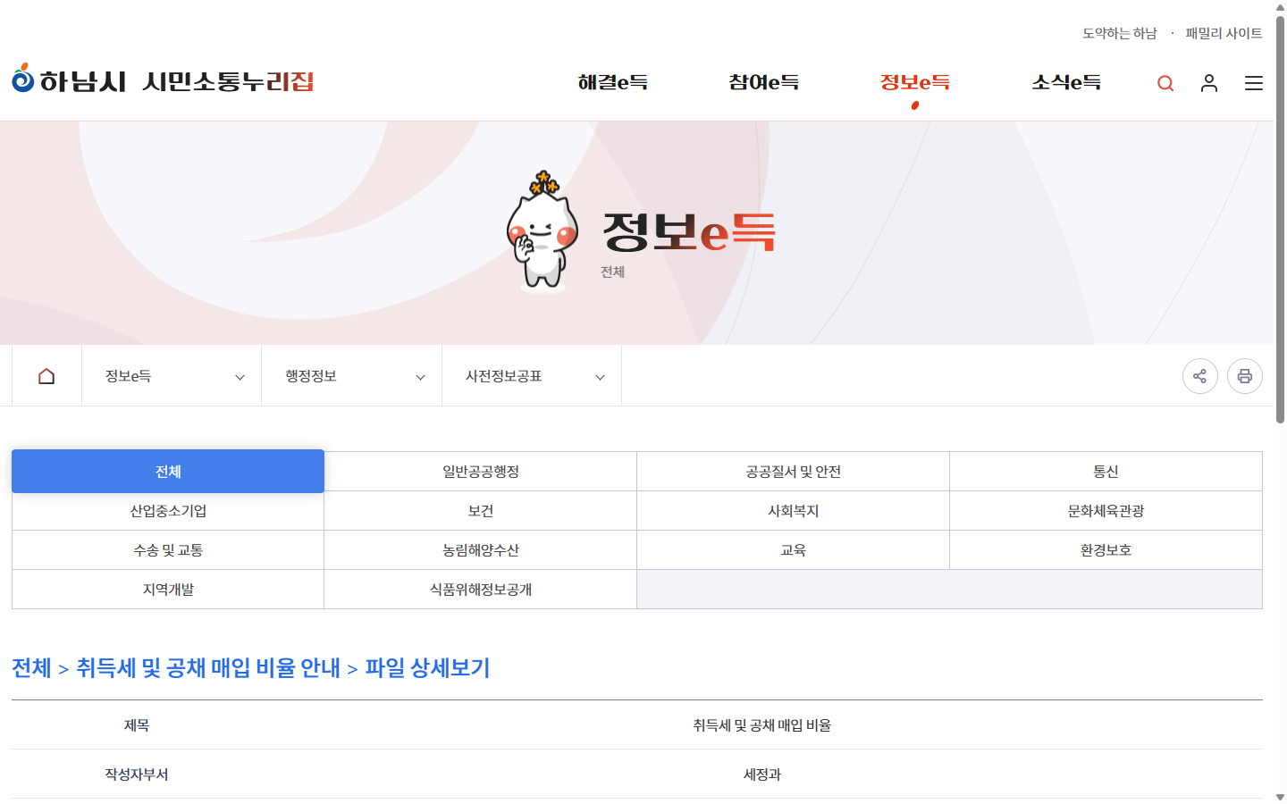 하남시 세정과 취득세 및 공채 매입 비율 안내파일의 공개 위치