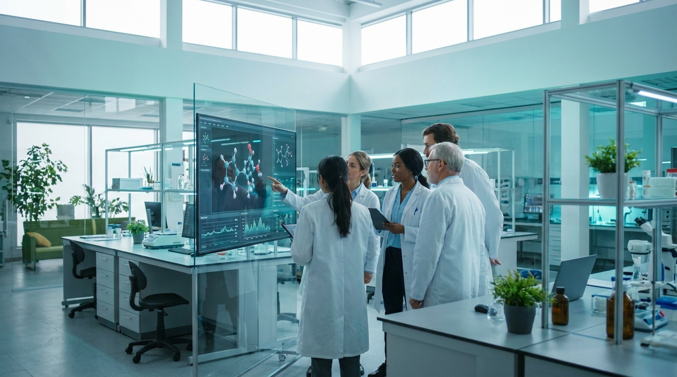 Scientists collaborating in a modern lab, viewing complex biological data on a holographic display, representing the future of scientific discovery with Claude Science.