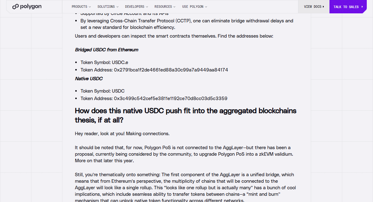 Polygon 공식 안내에 나란히 적힌 네이티브 USDC와 USDC.e의 서로 다른 주소