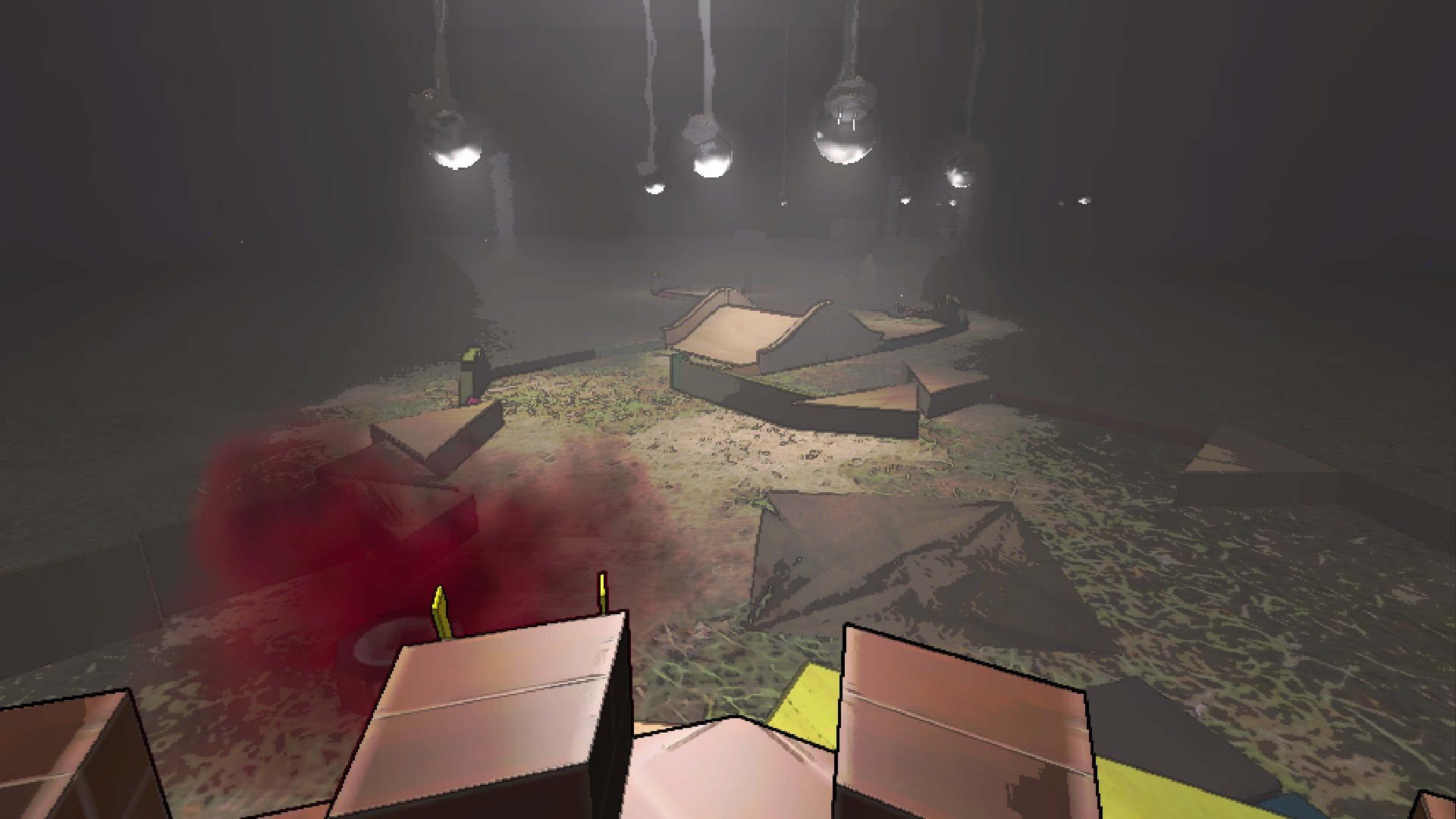 The view from atop a tower, with a paper and poison hazard. Features the grass enclosure.