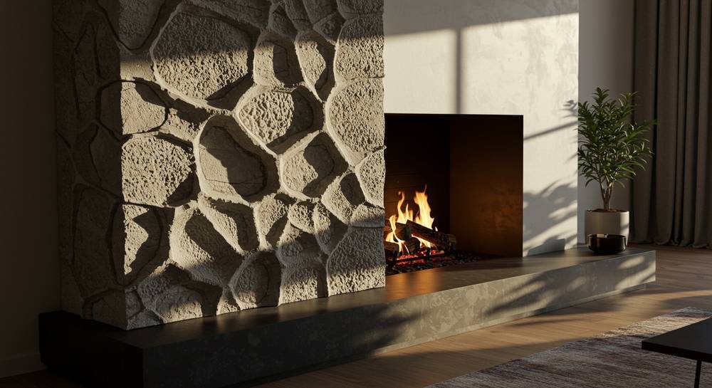 A modern abstract mosaic installation on a luxury living room hearth, showing textural contrast illuminated by dramatic raking light.