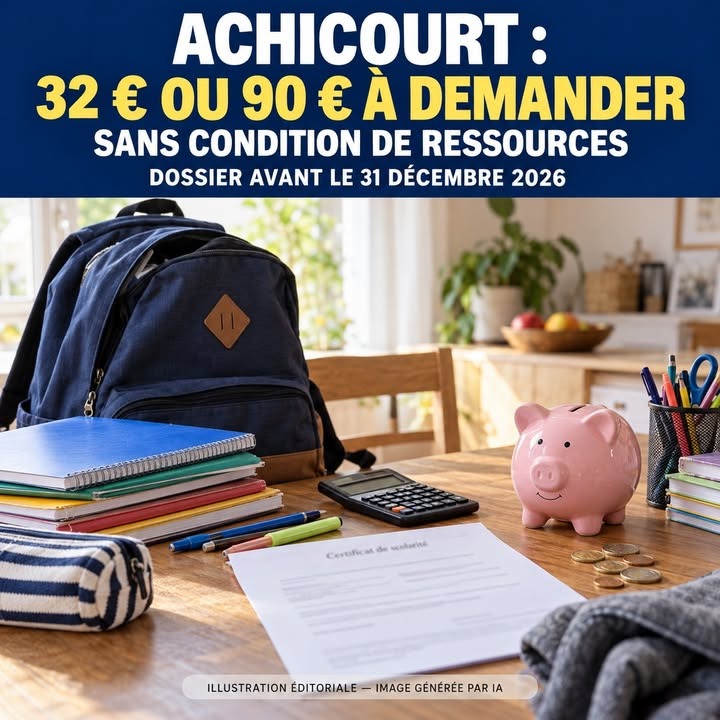 Bureau avec sac à dos, cahiers, calculatrice, cochonnet en porcelaine rose et pièces de monnaie.