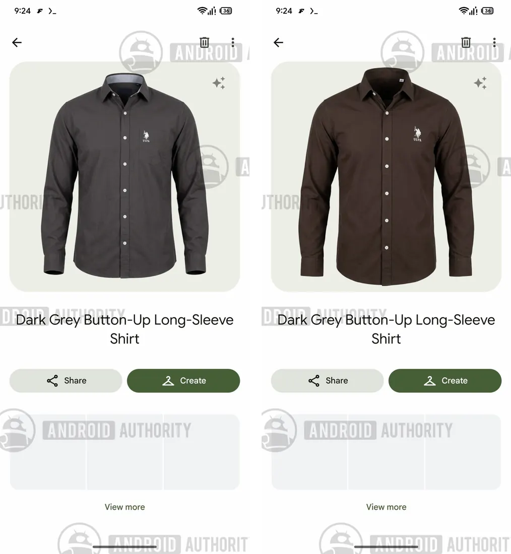 The same Google Photos wardrobe shirt before and after regenerate, via Android Authority