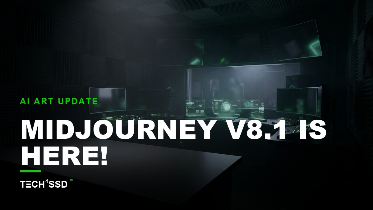 Futuristic digital art studio with glowing screens, showcasing the power of Midjourney V8.1 for AI image generation