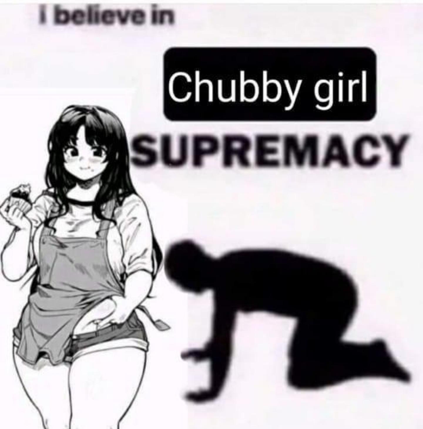 Mono "I believe in chubby girl supremacy" 1girl, apron, belly grab