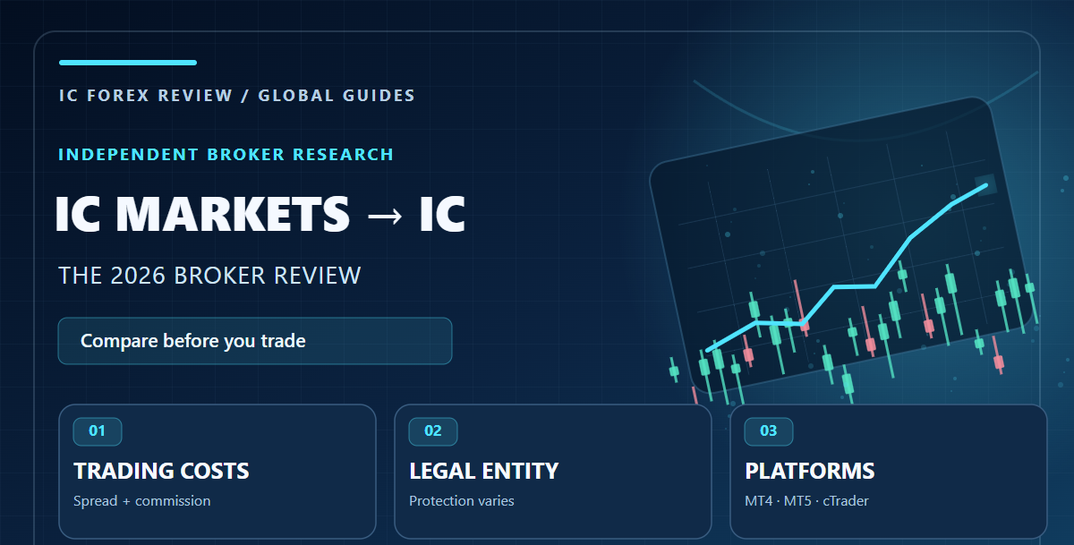 IC Markets to IC 2026 broker review visual comparing account costs legal entities and platforms