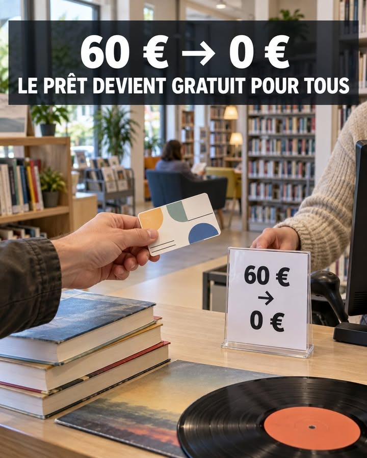 Une main tend une carte de paiement vers un comptoir de bibliothèque où un petit panneau indique la réduction du prix, avec des livres et un vinyle en avant-plan.