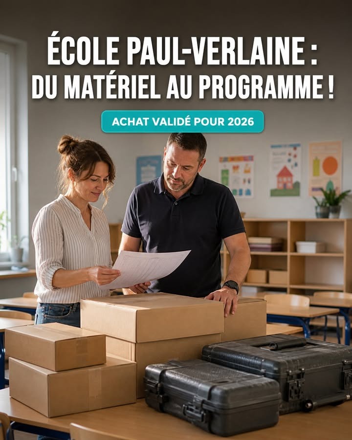 Un homme et une femme examinent un document au-dessus de cartons et de valises noires dans une salle de classe.