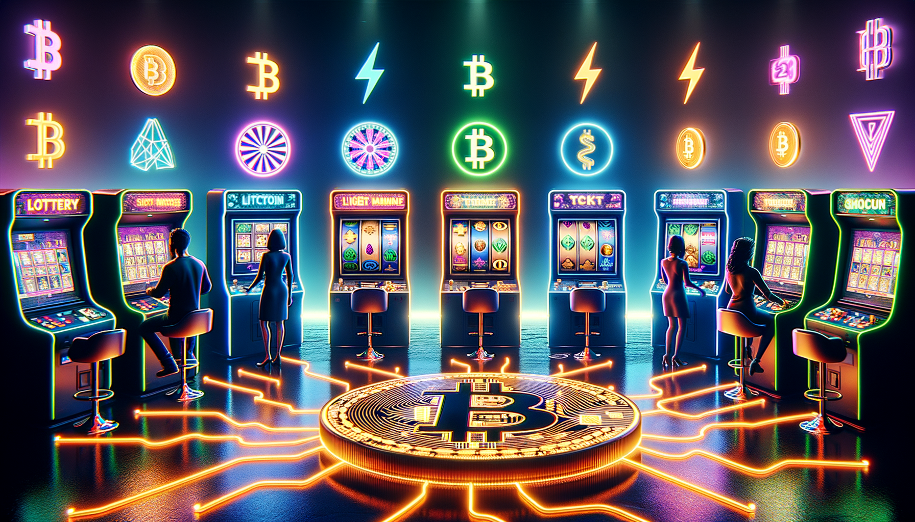 Cuatro máquinas arcade Bitcoin conectadas por rayos Lightning