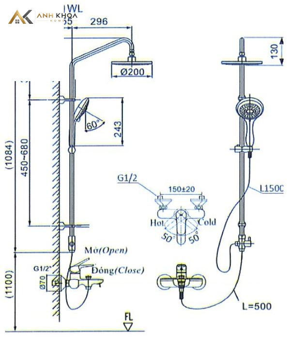 bản vẽ kỹ thuật Sen tắm cây Inax BFV-1405S