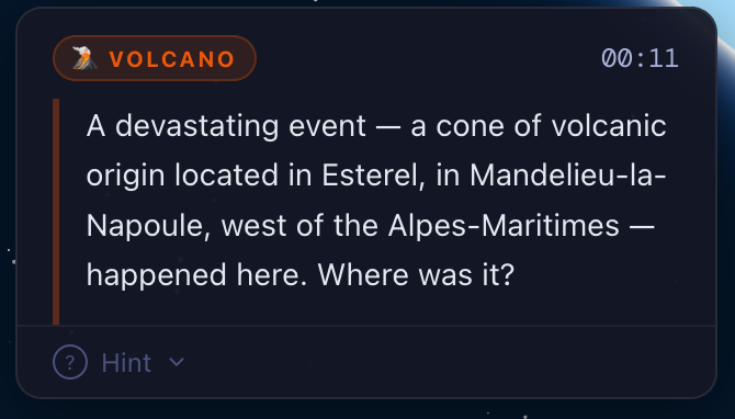 Question panel showing an event clue and category badge