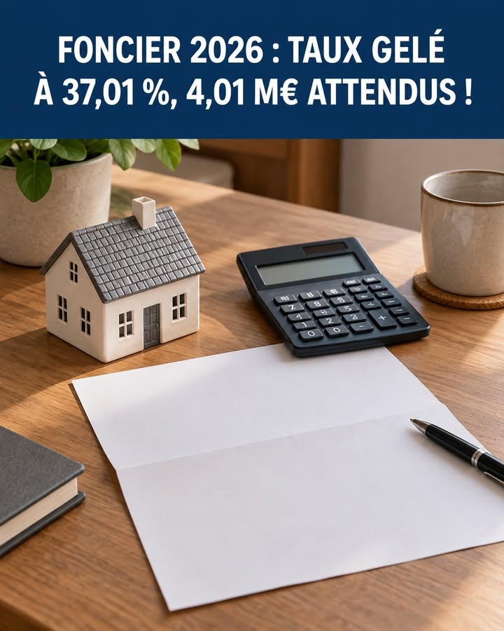 Sur une table en bois, une miniature de maison, une calculatrice, une feuille blanche, un stylo, un carnet, une tasse et un pot de plante.