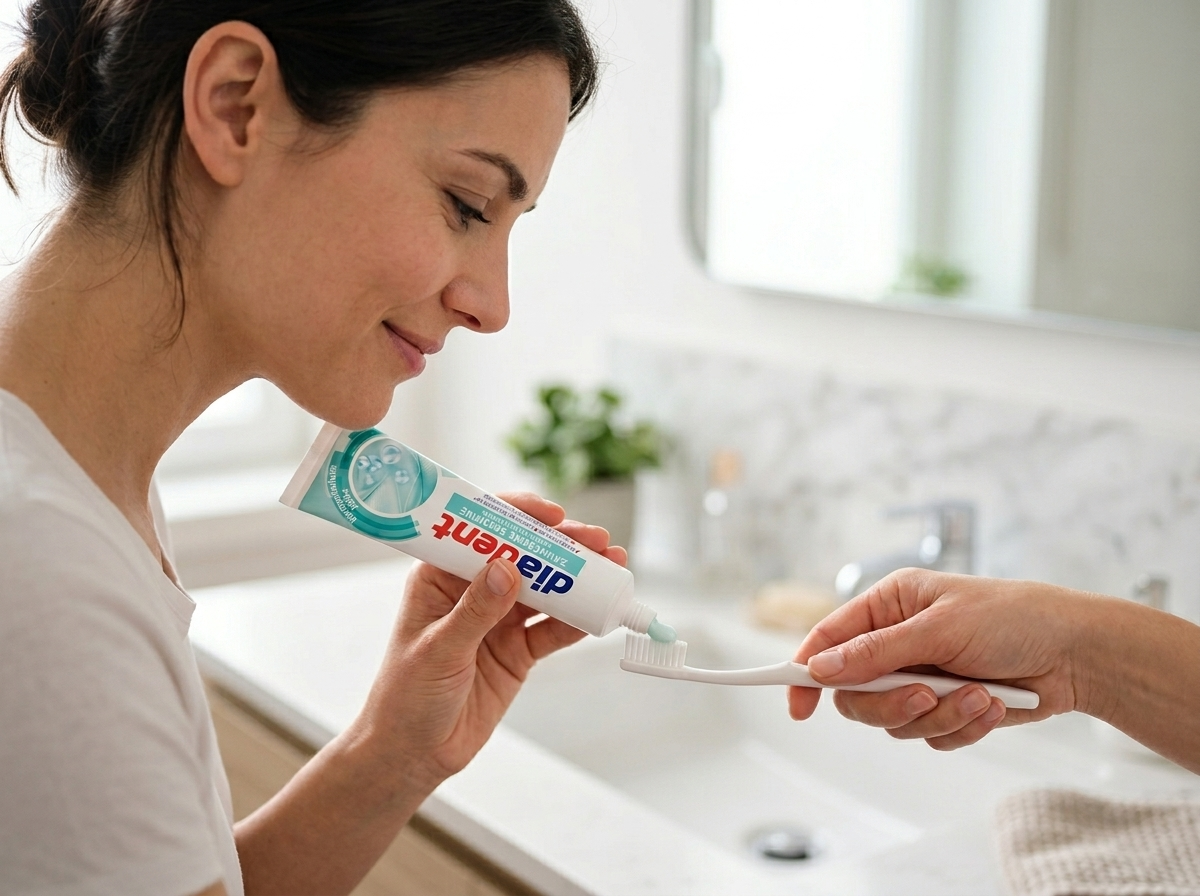 Diadent Sensitiv – použití, žena s kartáčkem