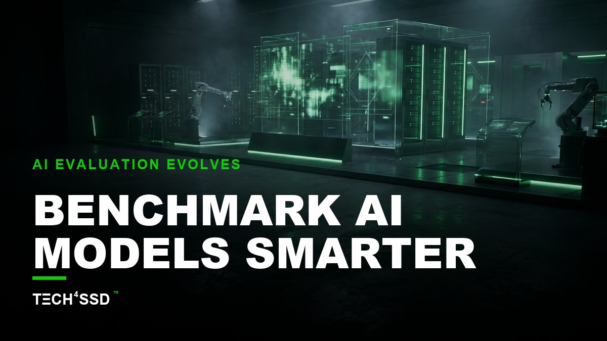 Futuristic AI lab with glowing data streams and human evaluators, focusing on benchmarking AI models for real-world tasks.