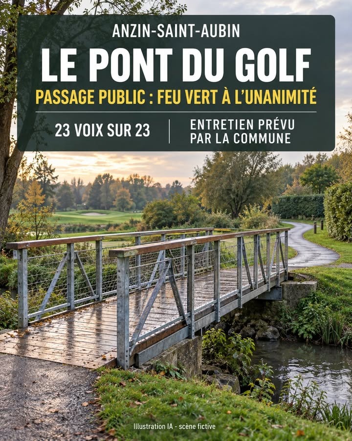 Pont en bois et métal sur un ruisseau, chemin de golf et arbres au loin.