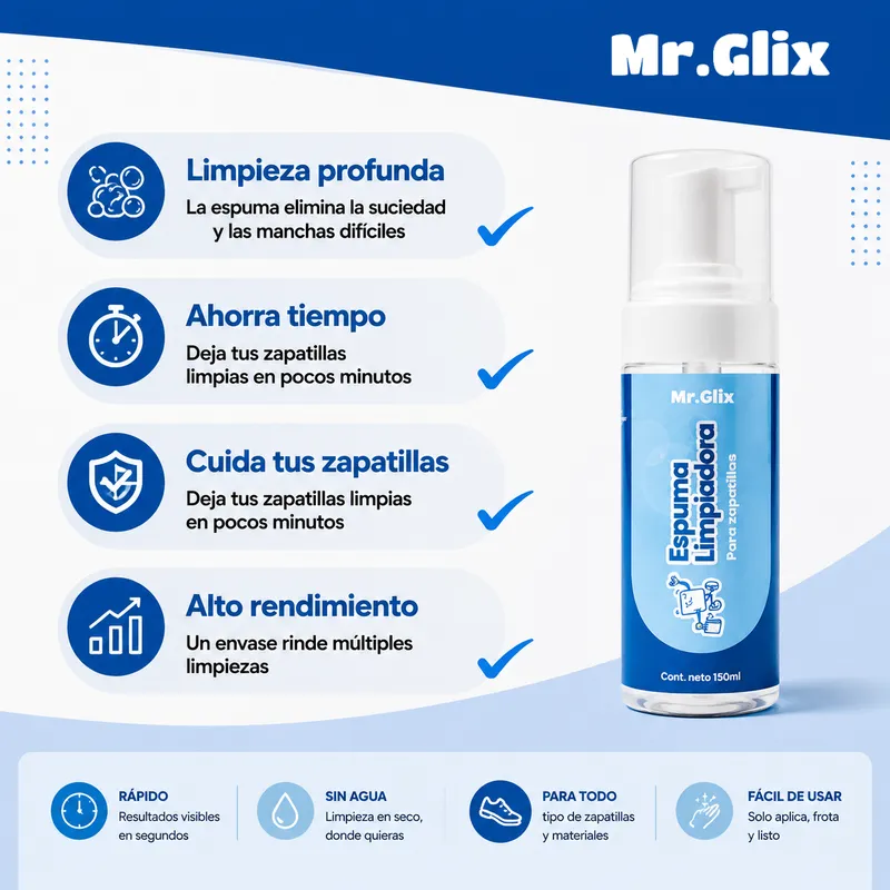 Beneficios: limpieza profunda, ahorra tiempo, cuida tus zapatillas, alto rendimiento