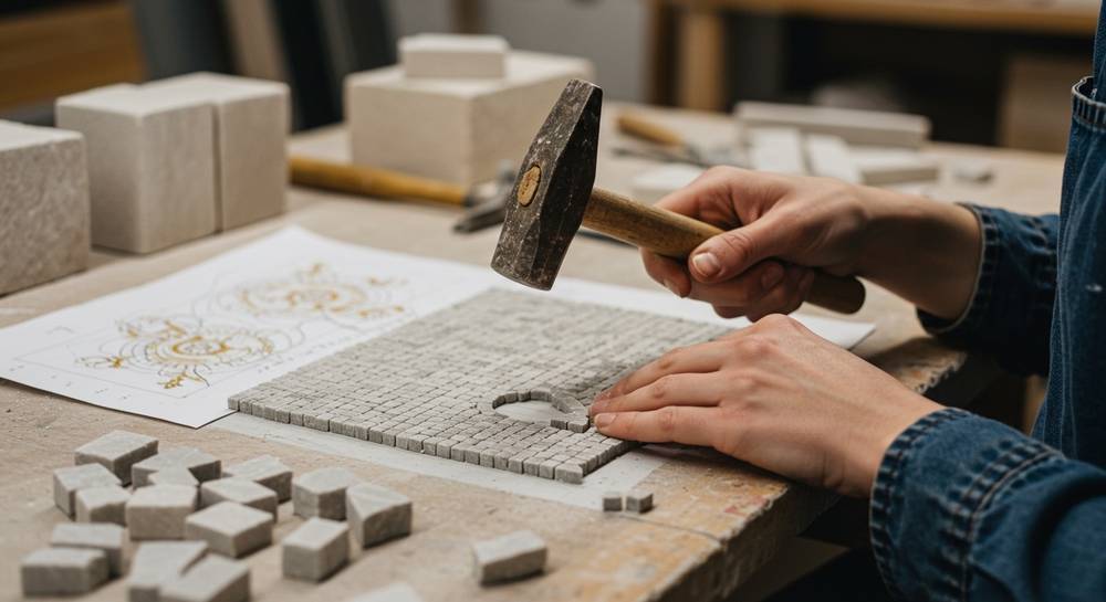 An artisan's hands precisely cutting natural stone tesserae, creating a beautiful work-in-progress mosaic masterpiece.