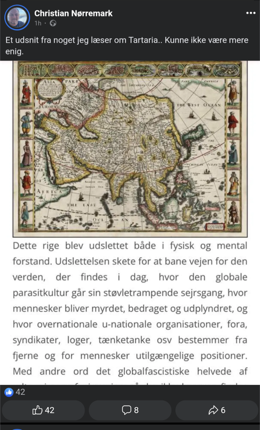 Skærmbillede af Christian Nørremarks opslag om Tartaria