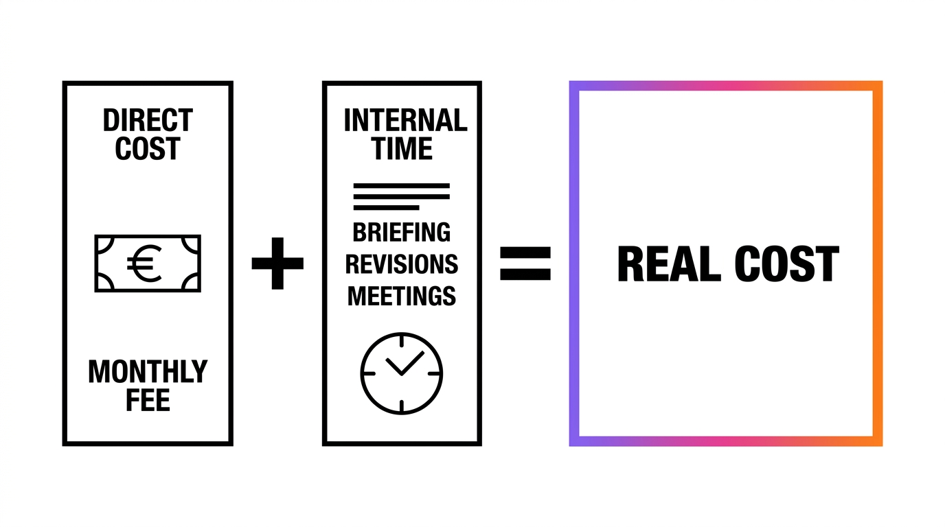 Direct cost of an agency plus internal time spent on briefing, revisions and meetings equals the real cost