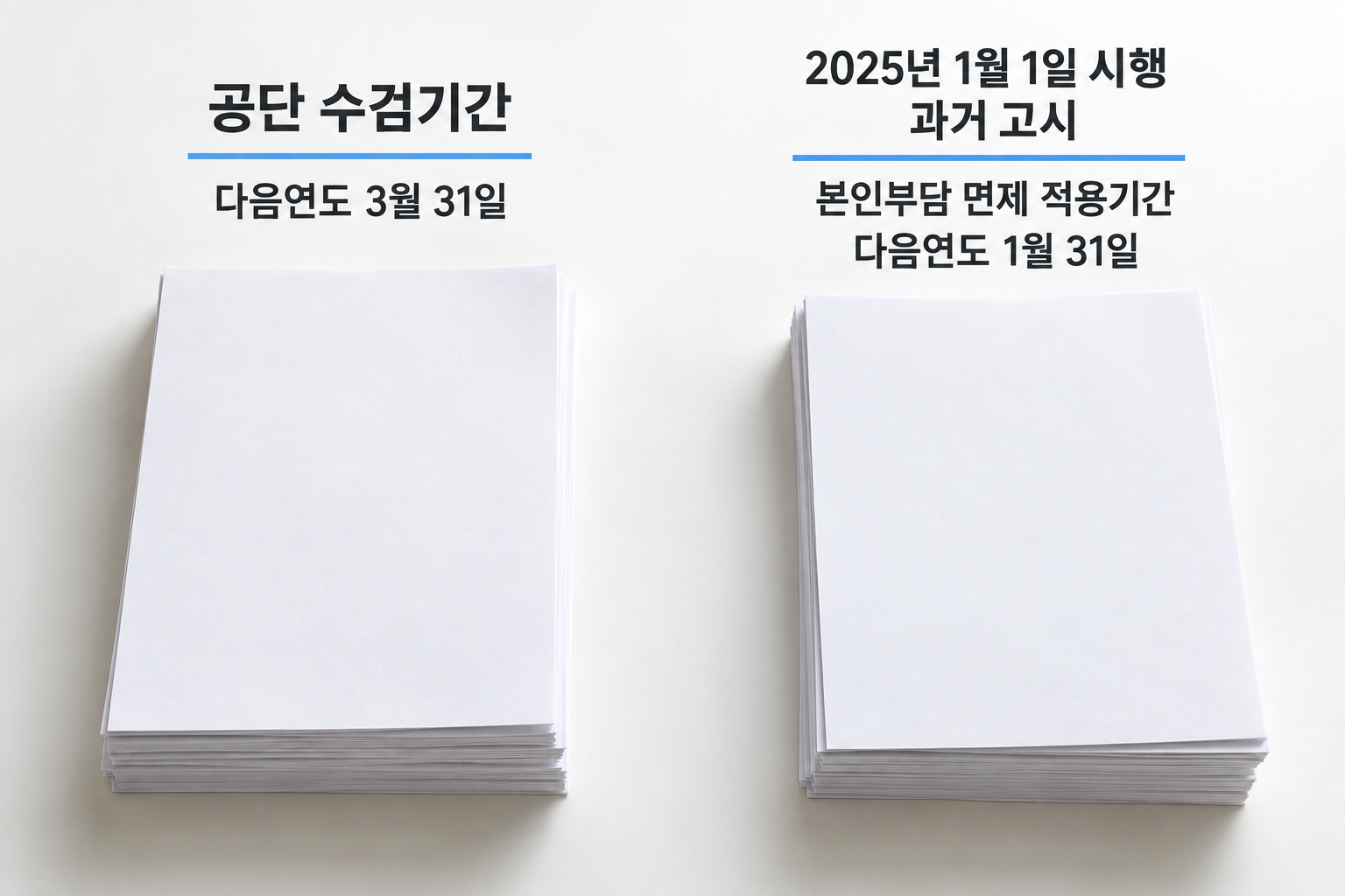 현재 공단 수검기간과 과거 고시의 본인부담 면제 적용기간을 구분하는 설명 장면