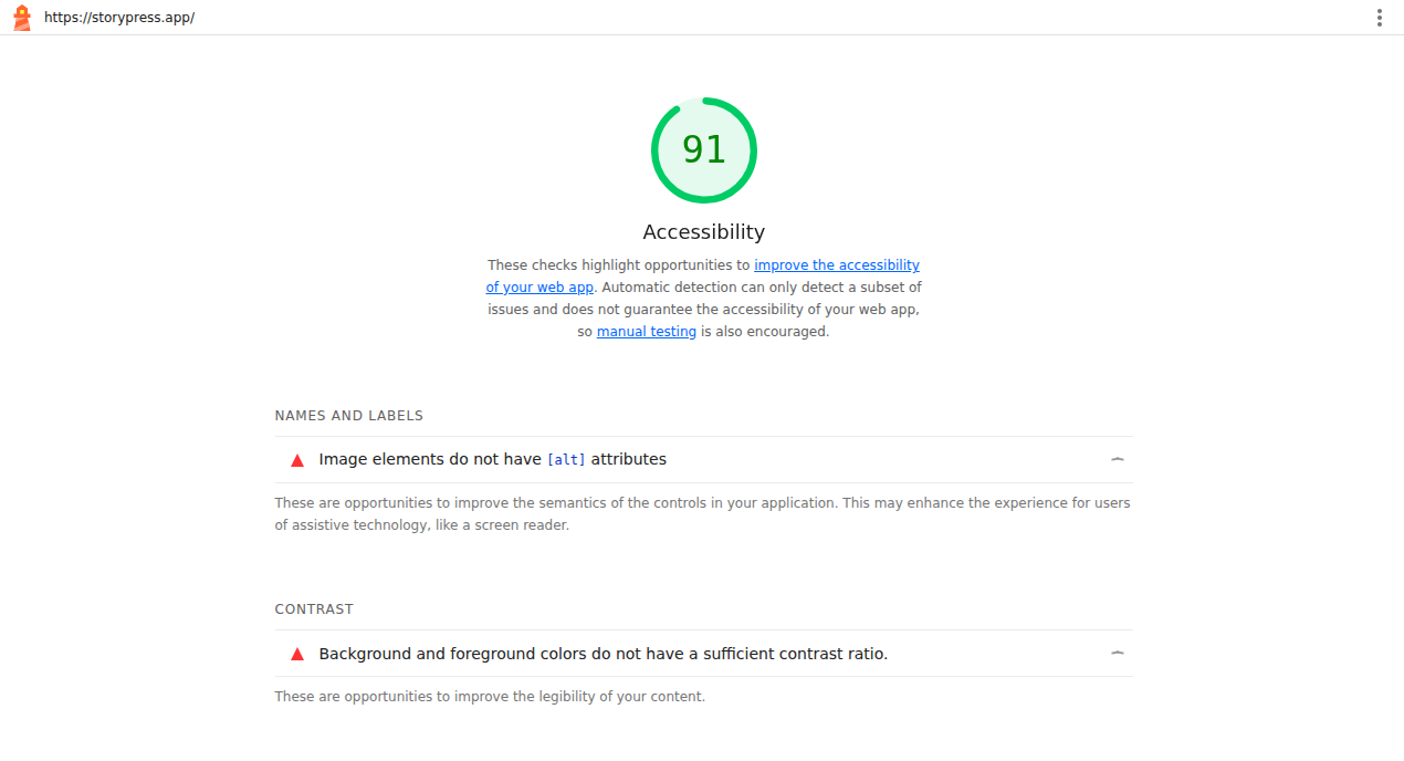 Lighthouse accessibility report for storypress.app showing a score of 91 with failures for missing image alt attributes and insufficient color contrast