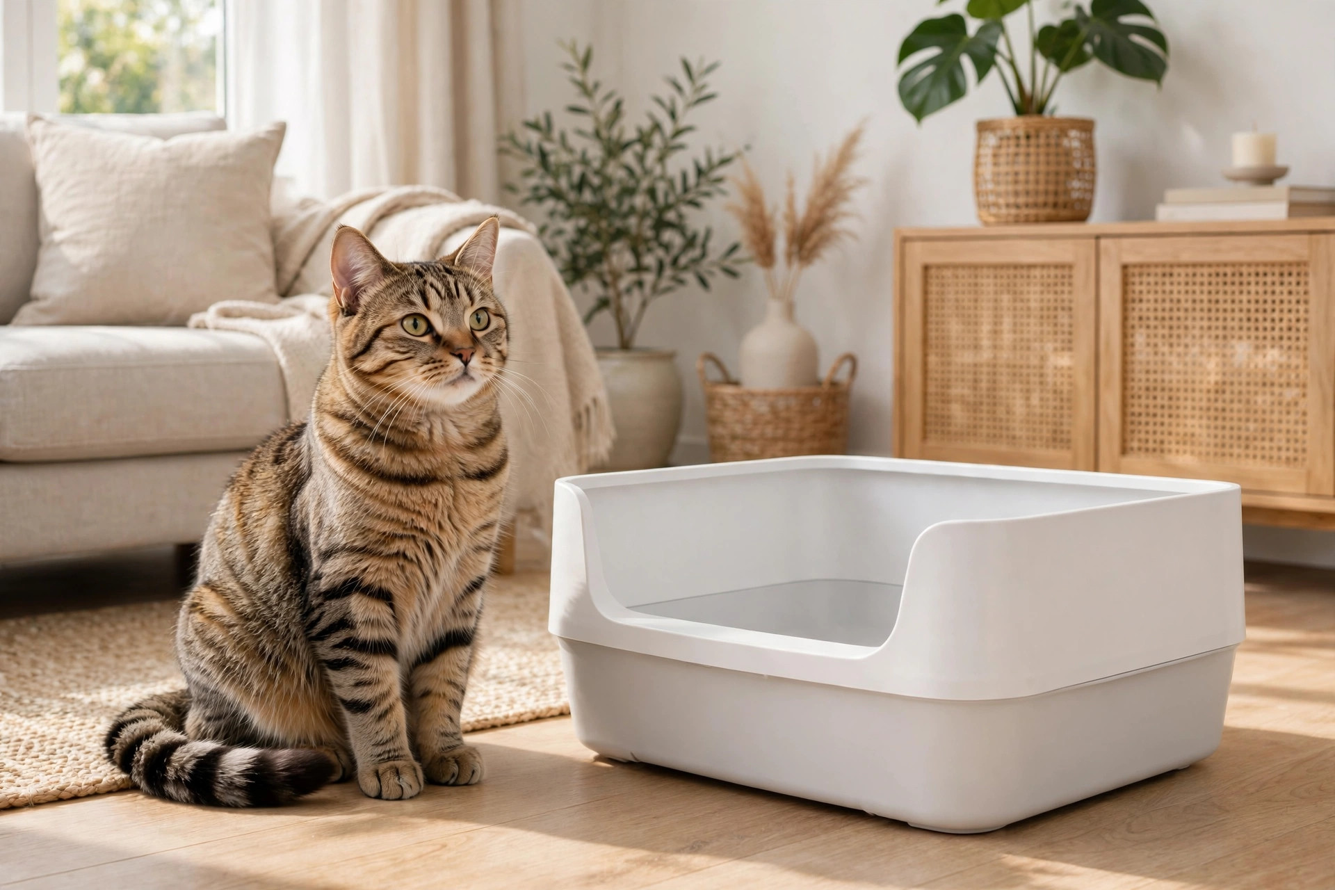 Cat Spray Stop review: tabby cat sitting beside a spotless litter box