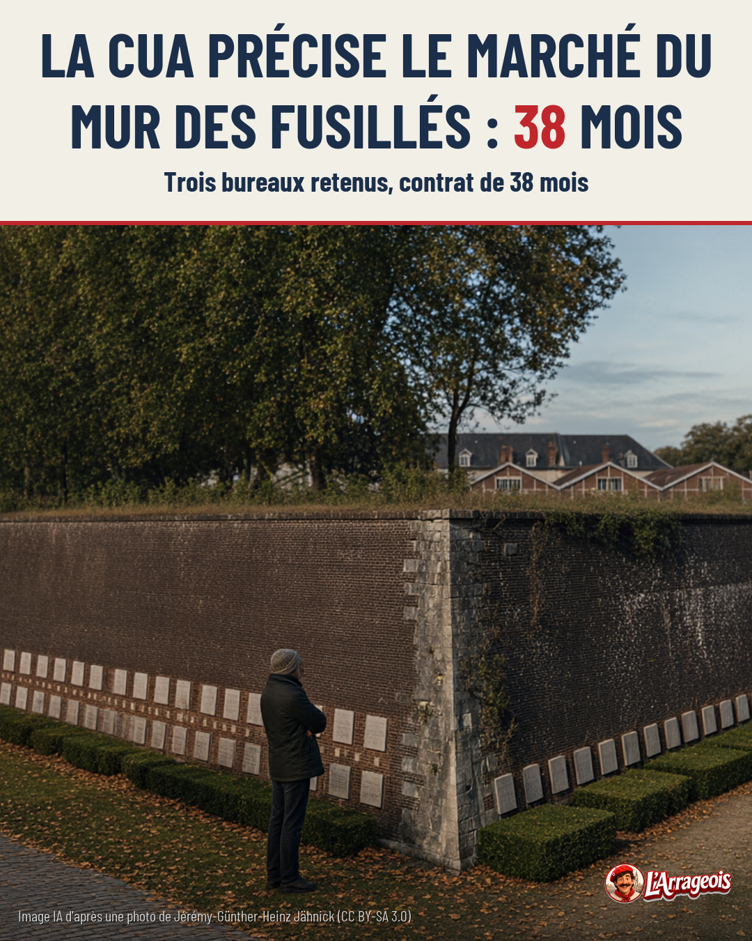 Un homme en manteau sombre observe une longue muraille en brique ornée de plaques blanches, bordée de haies et d'arbres.