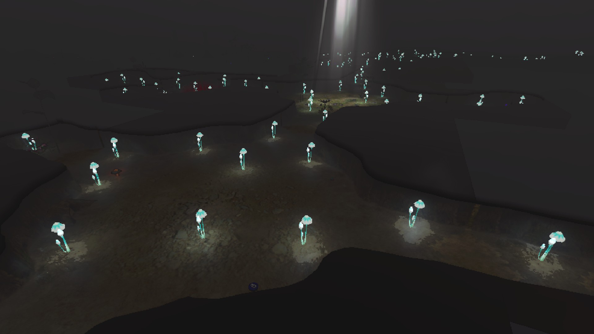 A few circular four-way intersections near each other, with light streaming down into one.