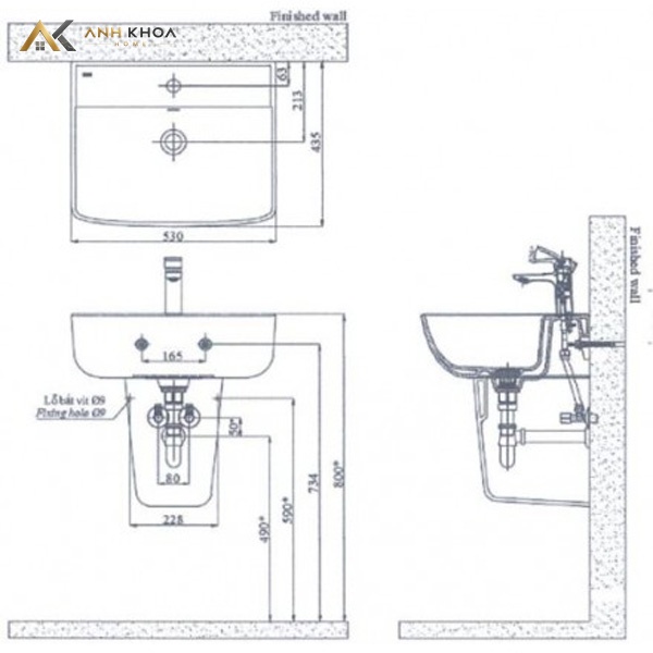 bản vẽ kỹ thuật chậu rửa treo tường inax AL-312V