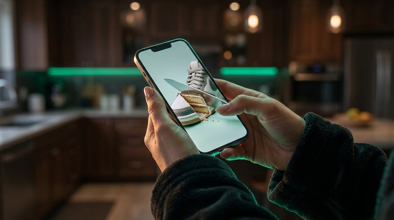 A phone screen showing an object being sliced to reveal cake
