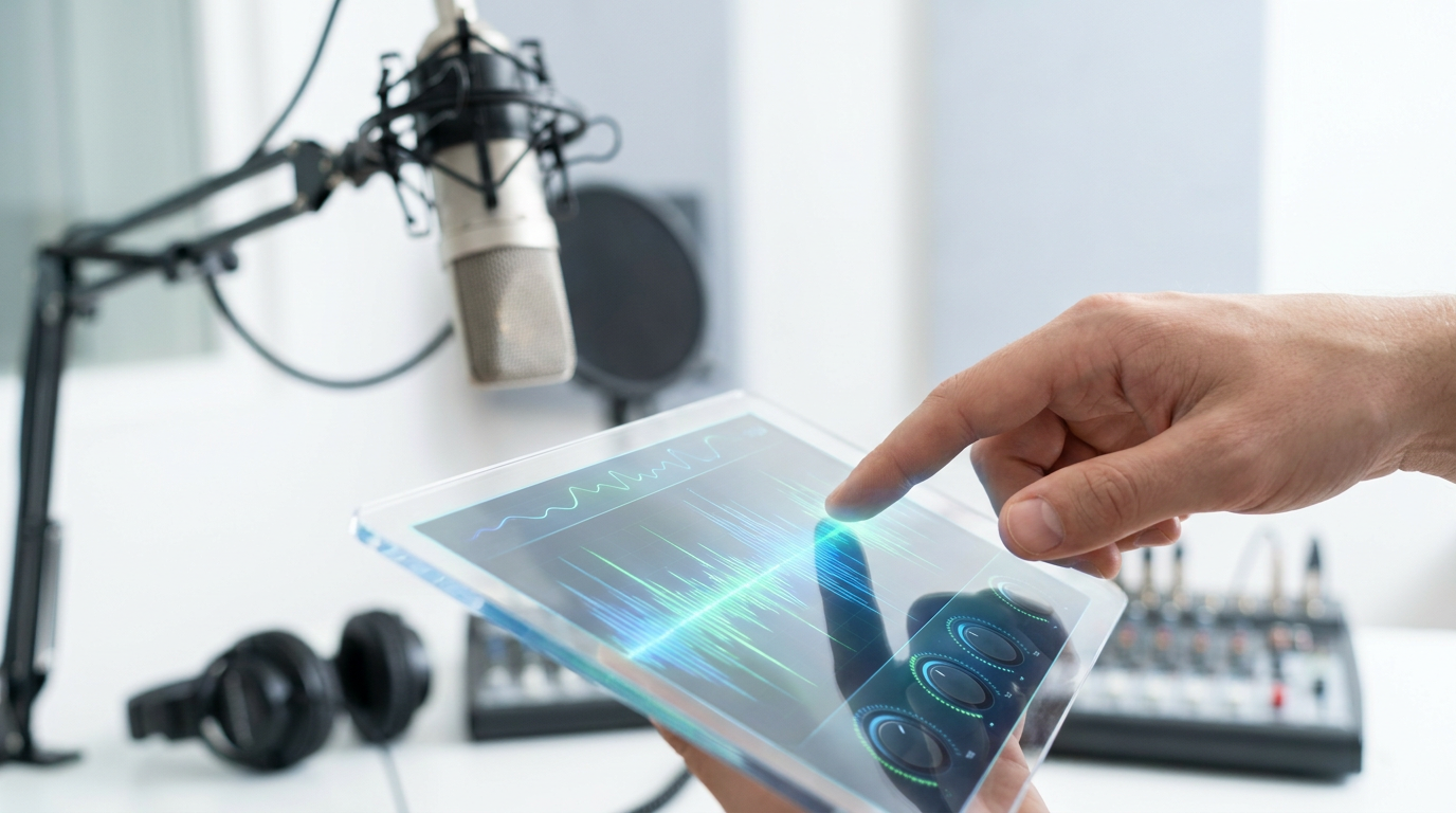 Digital sound wave interface with glowing lines and a hand, representing advanced AI voice control for content creation.